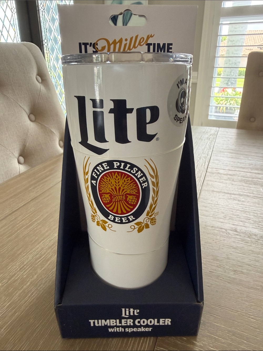 Brand New Miller Brewing White Tumbler Cooler with Bluetooth Speaker